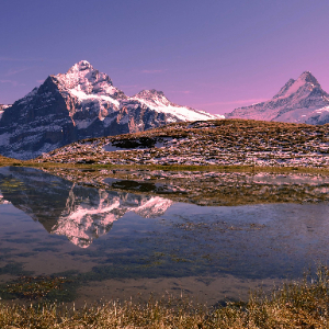 Paesaggio alpino con montagne e laghetto